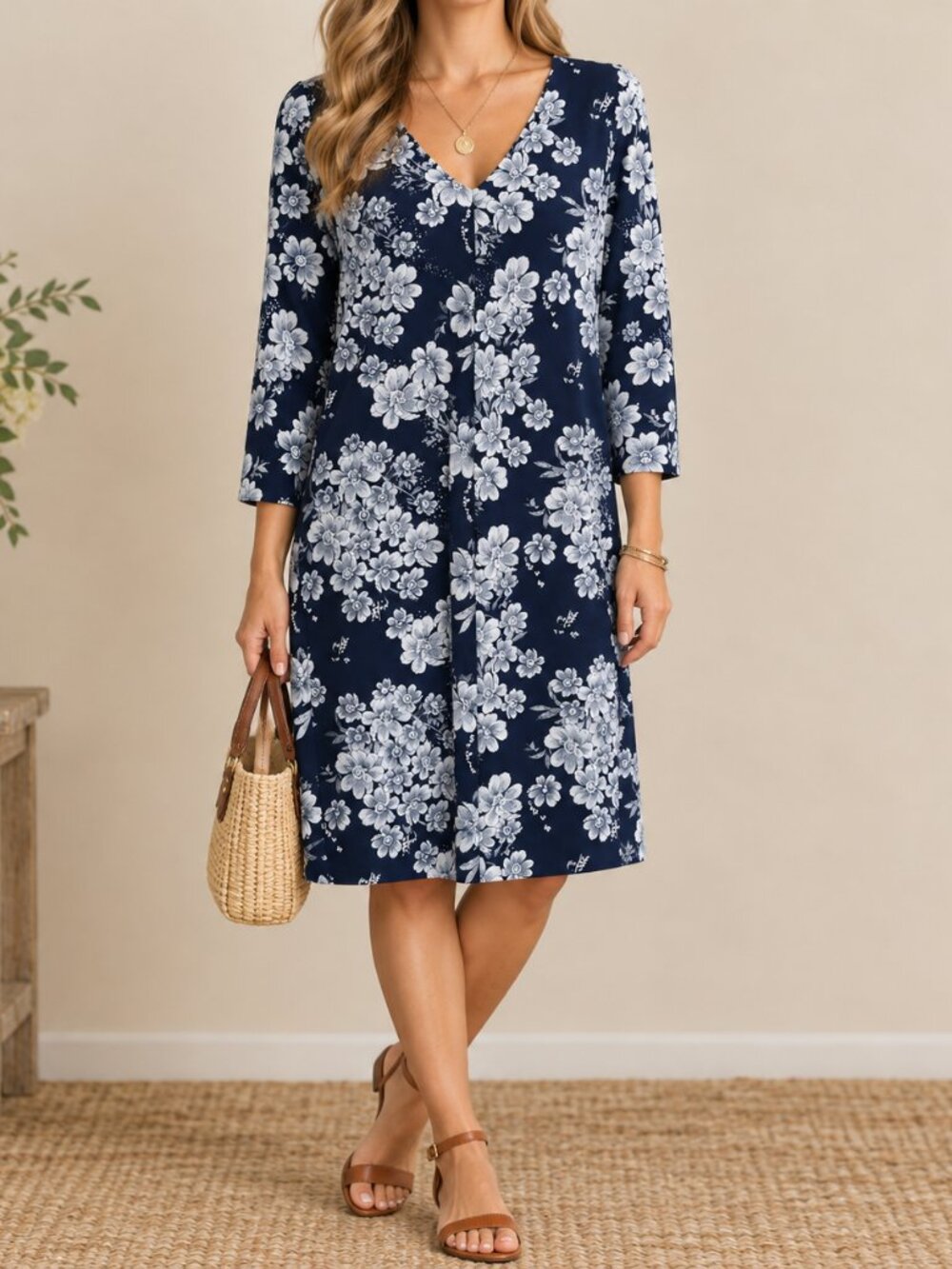 Glamour Floral Midi Dress Navy Blue V-Neck Flowy Textured Boho Coastal Size 8